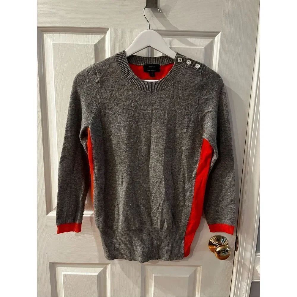 J. Crew with Cashmere Gray & Orange Elbow Patch Sweater sz XS EUC